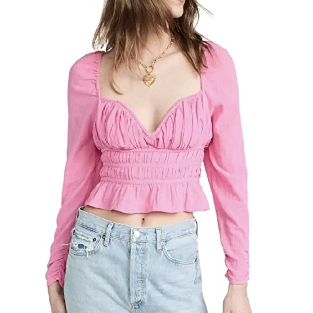 NWT Free People Chloe Peplum Long Sleeve Top in Aurora Pink